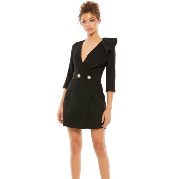 Ieena for Mac Duggal 55692 Three Quarter Sleeve Ruffle Neck Black Dress Size 10 - Picture 1 of 4